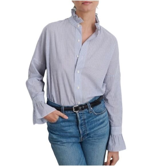 Alex Mill Top Womens XS Blue White Striped Easy Ruffle Frill Neck Cotton Career - Picture 11 of 11